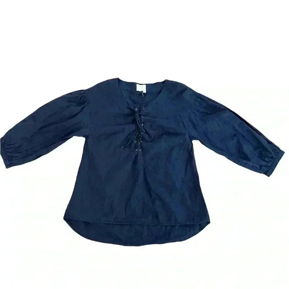 Anthropologie HD In Paris Lace Up Navy Blue Blouse Size Small - Picture 2 of 9